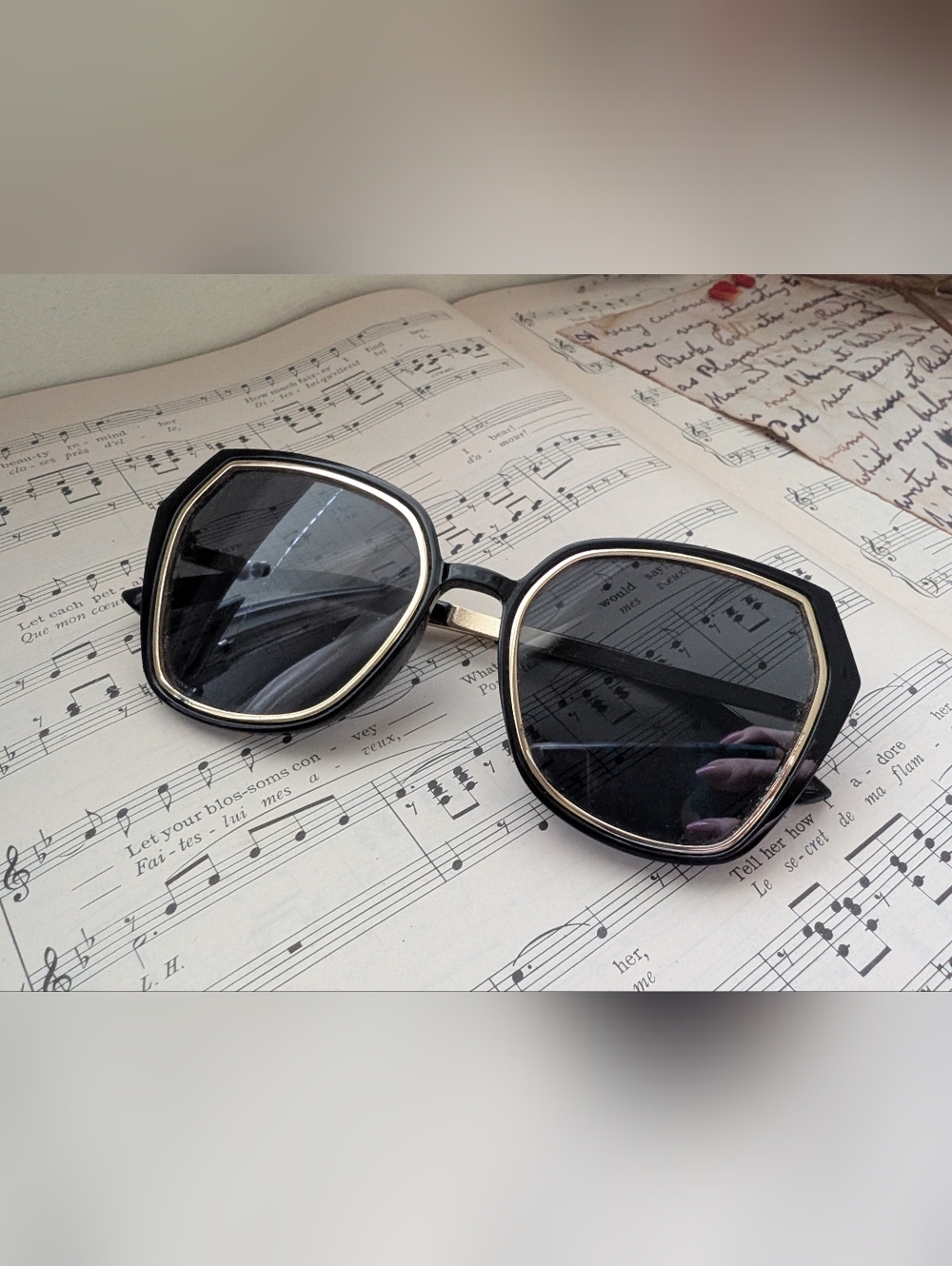Vintage Oversized Black Sunglasses with Gold Trim